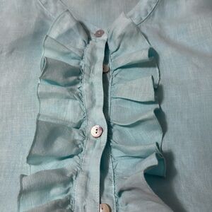 100%linen aqua blue ruffle button up tunic. 3/4 sleeve,  split hem.